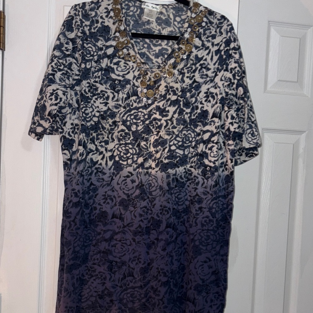🌴Ulla Popken Blue and White Floral Tunic With Embellishments Size 12-14